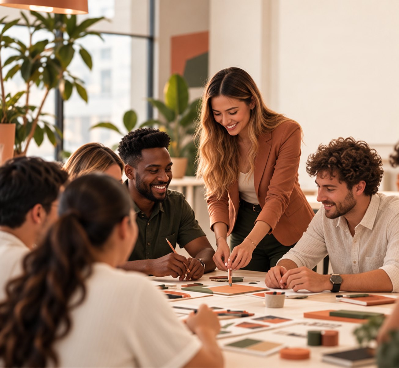 Concept image of a diverse group collaborating at an art workshop table